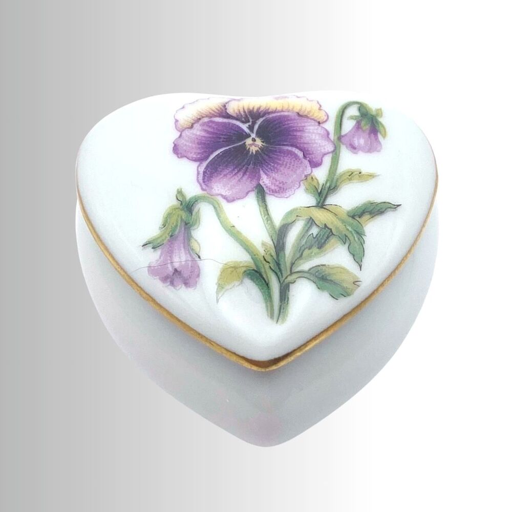 VTG Limoges France LEC Leclair Trinket Heart Shaped Box Purple Pansy Porcelain